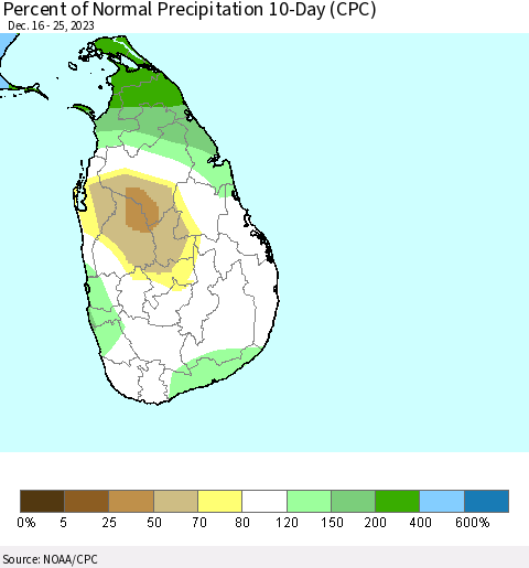 Sri Lanka Percent of Normal Precipitation 10-Day (CPC) Thematic Map For 12/16/2023 - 12/25/2023