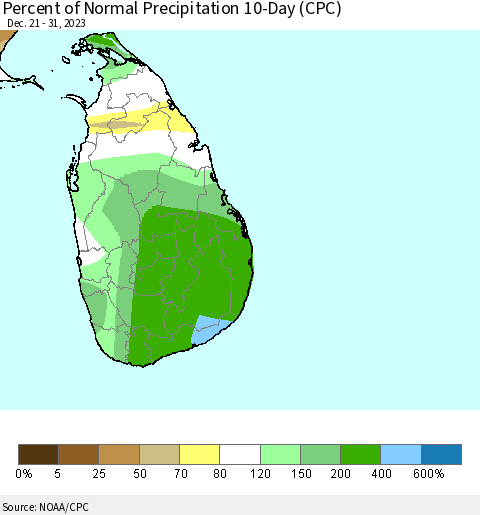 Sri Lanka Percent of Normal Precipitation 10-Day (CPC) Thematic Map For 12/21/2023 - 12/31/2023