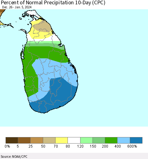 Sri Lanka Percent of Normal Precipitation 10-Day (CPC) Thematic Map For 12/26/2023 - 1/5/2024