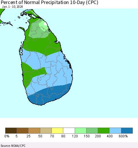 Sri Lanka Percent of Normal Precipitation 10-Day (CPC) Thematic Map For 1/1/2024 - 1/10/2024