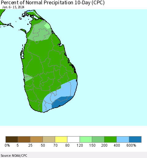 Sri Lanka Percent of Normal Precipitation 10-Day (CPC) Thematic Map For 1/6/2024 - 1/15/2024