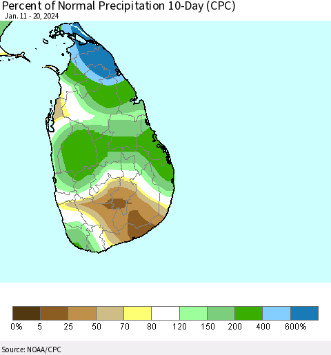 Sri Lanka Percent of Normal Precipitation 10-Day (CPC) Thematic Map For 1/11/2024 - 1/20/2024