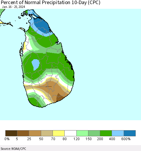 Sri Lanka Percent of Normal Precipitation 10-Day (CPC) Thematic Map For 1/16/2024 - 1/25/2024