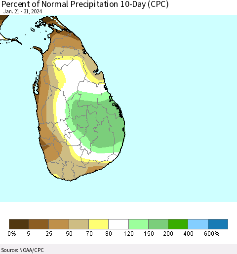 Sri Lanka Percent of Normal Precipitation 10-Day (CPC) Thematic Map For 1/21/2024 - 1/31/2024