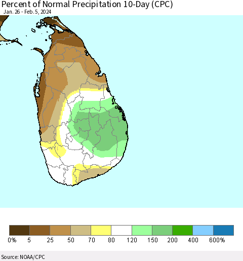 Sri Lanka Percent of Normal Precipitation 10-Day (CPC) Thematic Map For 1/26/2024 - 2/5/2024