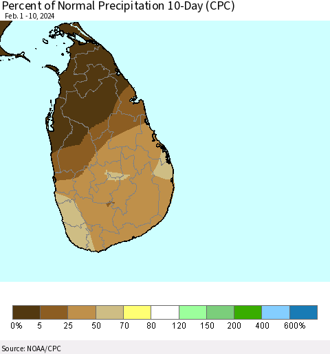 Sri Lanka Percent of Normal Precipitation 10-Day (CPC) Thematic Map For 2/1/2024 - 2/10/2024