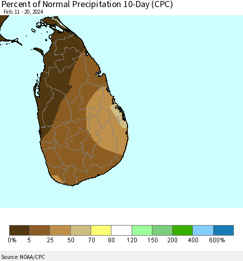 Sri Lanka Percent of Normal Precipitation 10-Day (CPC) Thematic Map For 2/11/2024 - 2/20/2024