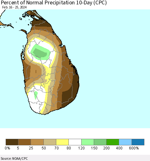 Sri Lanka Percent of Normal Precipitation 10-Day (CPC) Thematic Map For 2/16/2024 - 2/25/2024