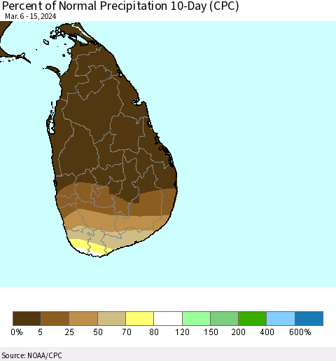 Sri Lanka Percent of Normal Precipitation 10-Day (CPC) Thematic Map For 3/6/2024 - 3/15/2024