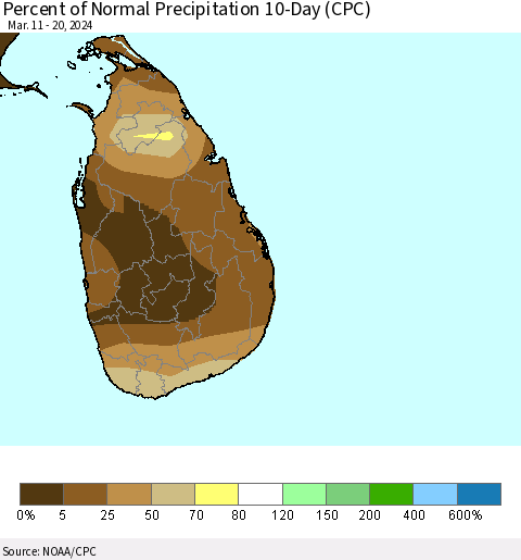 Sri Lanka Percent of Normal Precipitation 10-Day (CPC) Thematic Map For 3/11/2024 - 3/20/2024