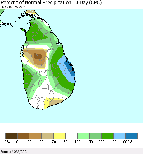 Sri Lanka Percent of Normal Precipitation 10-Day (CPC) Thematic Map For 3/16/2024 - 3/25/2024