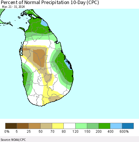 Sri Lanka Percent of Normal Precipitation 10-Day (CPC) Thematic Map For 3/21/2024 - 3/31/2024