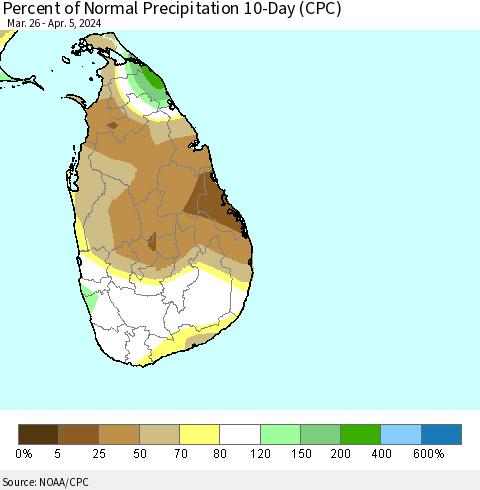 Sri Lanka Percent of Normal Precipitation 10-Day (CPC) Thematic Map For 3/26/2024 - 4/5/2024