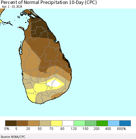 Sri Lanka Percent of Normal Precipitation 10-Day (CPC) Thematic Map For 4/1/2024 - 4/10/2024