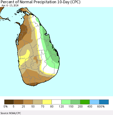 Sri Lanka Percent of Normal Precipitation 10-Day (CPC) Thematic Map For 4/6/2024 - 4/15/2024