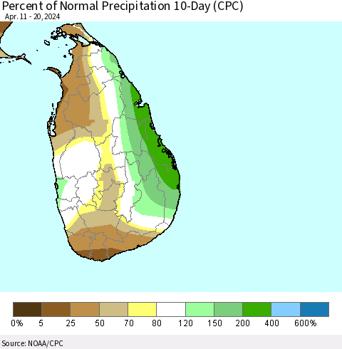 Sri Lanka Percent of Normal Precipitation 10-Day (CPC) Thematic Map For 4/11/2024 - 4/20/2024