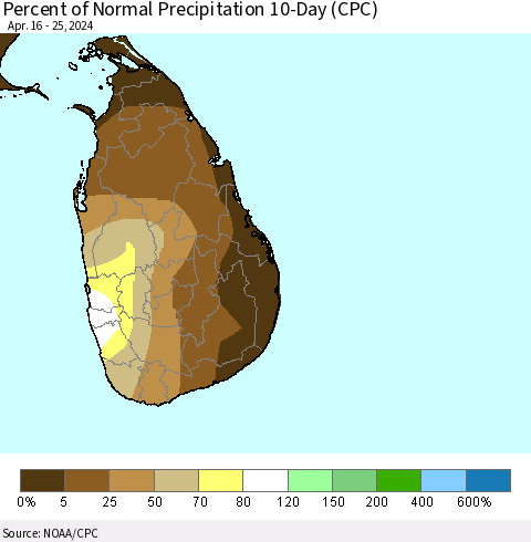 Sri Lanka Percent of Normal Precipitation 10-Day (CPC) Thematic Map For 4/16/2024 - 4/25/2024