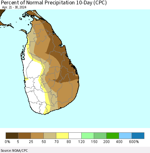 Sri Lanka Percent of Normal Precipitation 10-Day (CPC) Thematic Map For 4/21/2024 - 4/30/2024