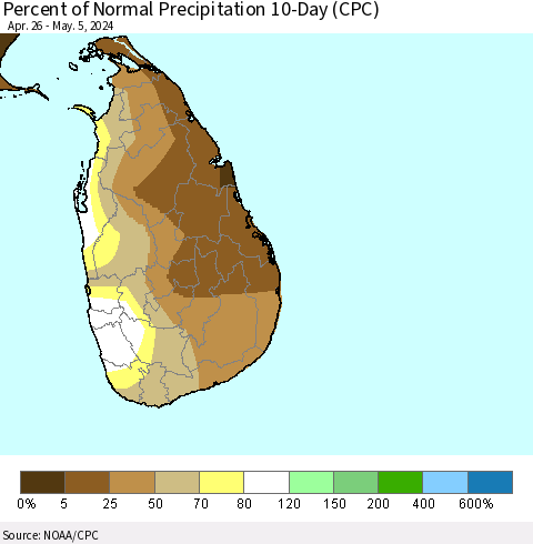 Sri Lanka Percent of Normal Precipitation 10-Day (CPC) Thematic Map For 4/26/2024 - 5/5/2024
