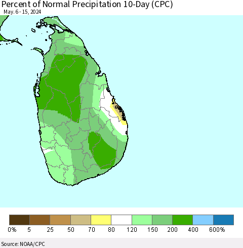 Sri Lanka Percent of Normal Precipitation 10-Day (CPC) Thematic Map For 5/6/2024 - 5/15/2024