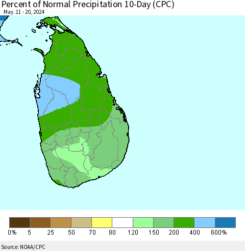 Sri Lanka Percent of Normal Precipitation 10-Day (CPC) Thematic Map For 5/11/2024 - 5/20/2024