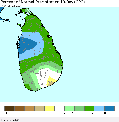 Sri Lanka Percent of Normal Precipitation 10-Day (CPC) Thematic Map For 5/16/2024 - 5/25/2024