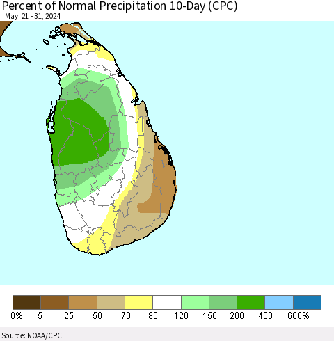 Sri Lanka Percent of Normal Precipitation 10-Day (CPC) Thematic Map For 5/21/2024 - 5/31/2024