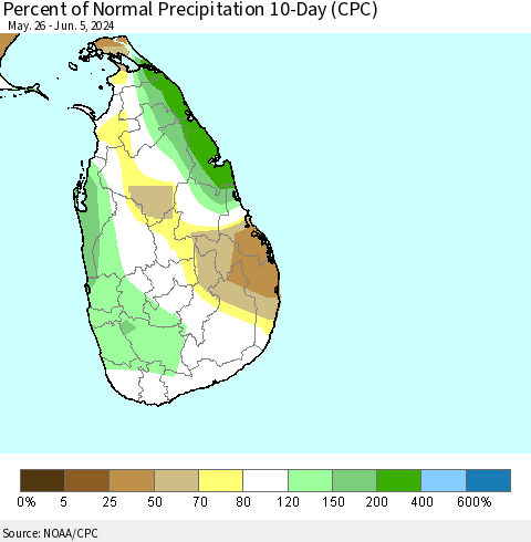 Sri Lanka Percent of Normal Precipitation 10-Day (CPC) Thematic Map For 5/26/2024 - 6/5/2024