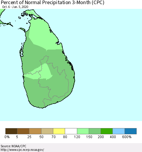 Sri Lanka Percent of Normal Precipitation 3-Month (CPC) Thematic Map For 10/6/2019 - 1/5/2020