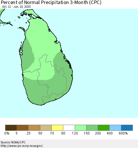 Sri Lanka Percent of Normal Precipitation 3-Month (CPC) Thematic Map For 10/11/2019 - 1/10/2020