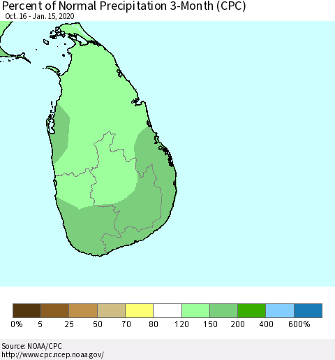 Sri Lanka Percent of Normal Precipitation 3-Month (CPC) Thematic Map For 10/16/2019 - 1/15/2020