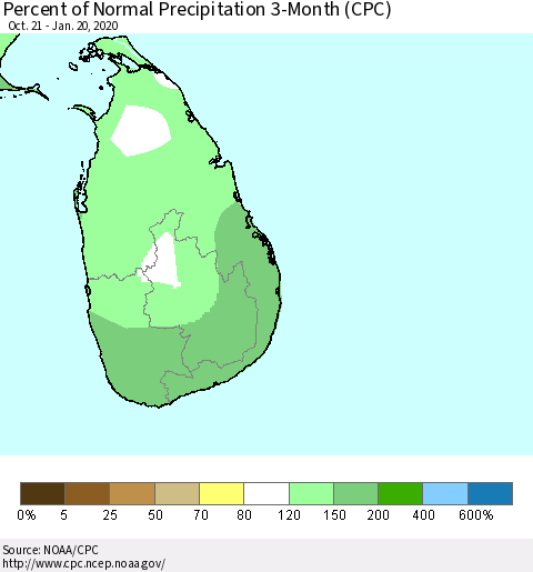 Sri Lanka Percent of Normal Precipitation 3-Month (CPC) Thematic Map For 10/21/2019 - 1/20/2020