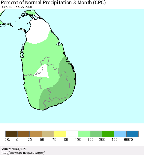 Sri Lanka Percent of Normal Precipitation 3-Month (CPC) Thematic Map For 10/26/2019 - 1/25/2020