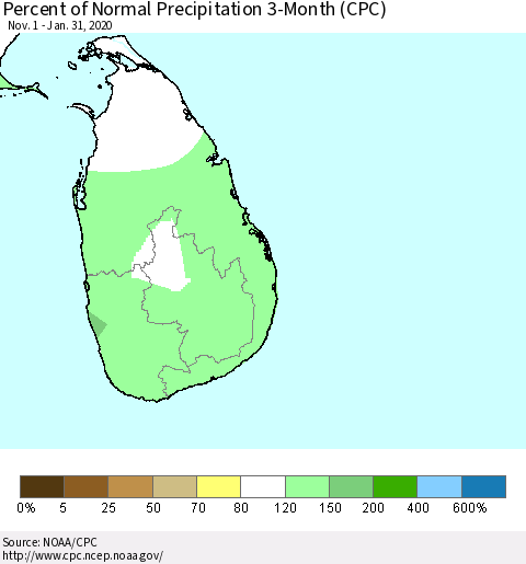 Sri Lanka Percent of Normal Precipitation 3-Month (CPC) Thematic Map For 11/1/2019 - 1/31/2020