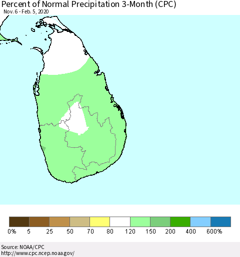 Sri Lanka Percent of Normal Precipitation 3-Month (CPC) Thematic Map For 11/6/2019 - 2/5/2020