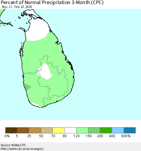 Sri Lanka Percent of Normal Precipitation 3-Month (CPC) Thematic Map For 11/11/2019 - 2/10/2020