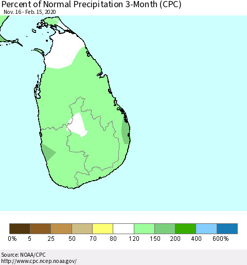 Sri Lanka Percent of Normal Precipitation 3-Month (CPC) Thematic Map For 11/16/2019 - 2/15/2020