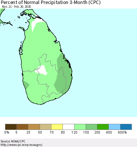 Sri Lanka Percent of Normal Precipitation 3-Month (CPC) Thematic Map For 11/21/2019 - 2/20/2020