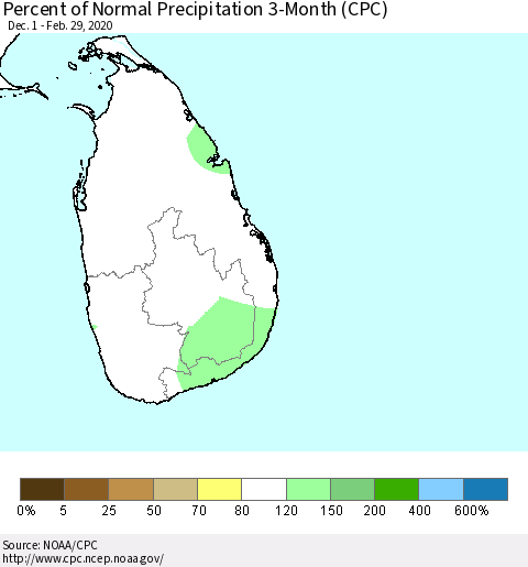 Sri Lanka Percent of Normal Precipitation 3-Month (CPC) Thematic Map For 12/1/2019 - 2/29/2020