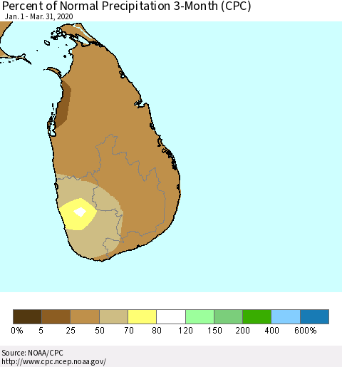 Sri Lanka Percent of Normal Precipitation 3-Month (CPC) Thematic Map For 1/1/2020 - 3/31/2020