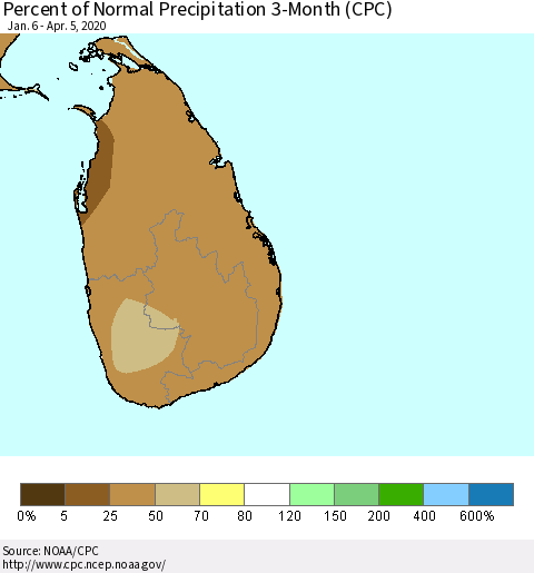 Sri Lanka Percent of Normal Precipitation 3-Month (CPC) Thematic Map For 1/6/2020 - 4/5/2020
