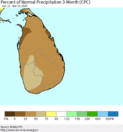 Sri Lanka Percent of Normal Precipitation 3-Month (CPC) Thematic Map For 1/11/2020 - 4/10/2020