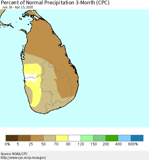 Sri Lanka Percent of Normal Precipitation 3-Month (CPC) Thematic Map For 1/16/2020 - 4/15/2020
