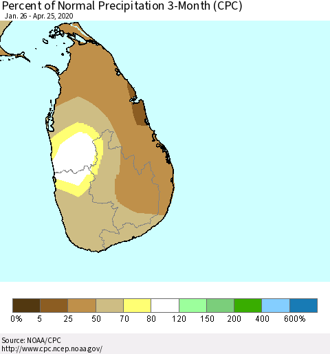 Sri Lanka Percent of Normal Precipitation 3-Month (CPC) Thematic Map For 1/26/2020 - 4/25/2020