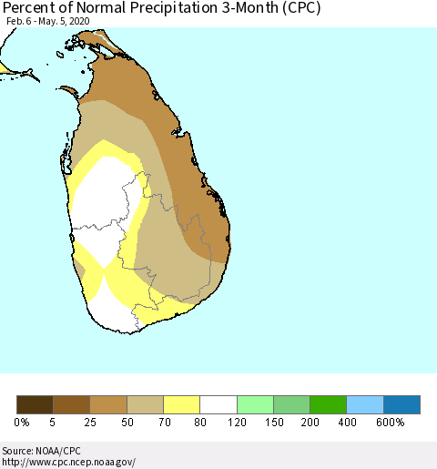 Sri Lanka Percent of Normal Precipitation 3-Month (CPC) Thematic Map For 2/6/2020 - 5/5/2020