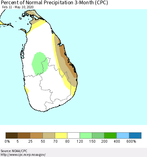 Sri Lanka Percent of Normal Precipitation 3-Month (CPC) Thematic Map For 2/11/2020 - 5/10/2020