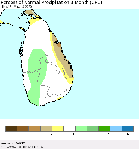 Sri Lanka Percent of Normal Precipitation 3-Month (CPC) Thematic Map For 2/16/2020 - 5/15/2020