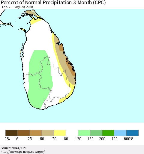 Sri Lanka Percent of Normal Precipitation 3-Month (CPC) Thematic Map For 2/21/2020 - 5/20/2020