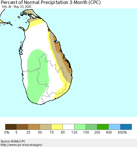 Sri Lanka Percent of Normal Precipitation 3-Month (CPC) Thematic Map For 2/26/2020 - 5/25/2020