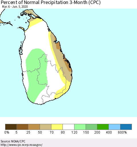 Sri Lanka Percent of Normal Precipitation 3-Month (CPC) Thematic Map For 3/6/2020 - 6/5/2020